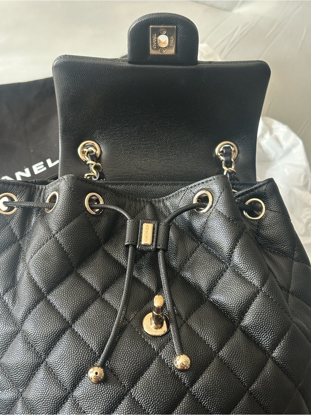 CHANEL Black Quilted Leather Drawstring Backpack with Gold CC - Picture 3 of 7